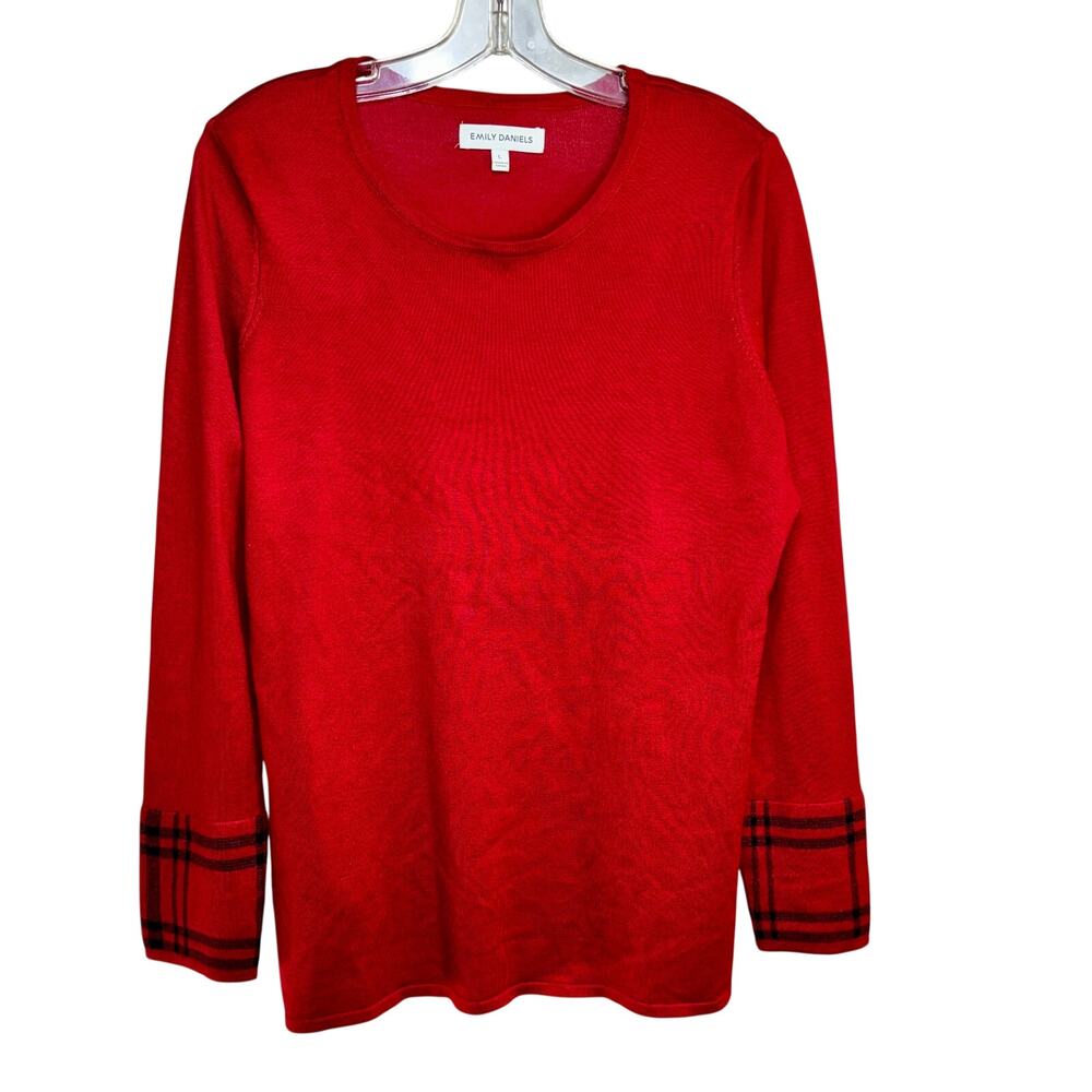 Emily Daniels Pullover Tunic Sweater Red w/Black Plaid Cuffs Women's Large L/S